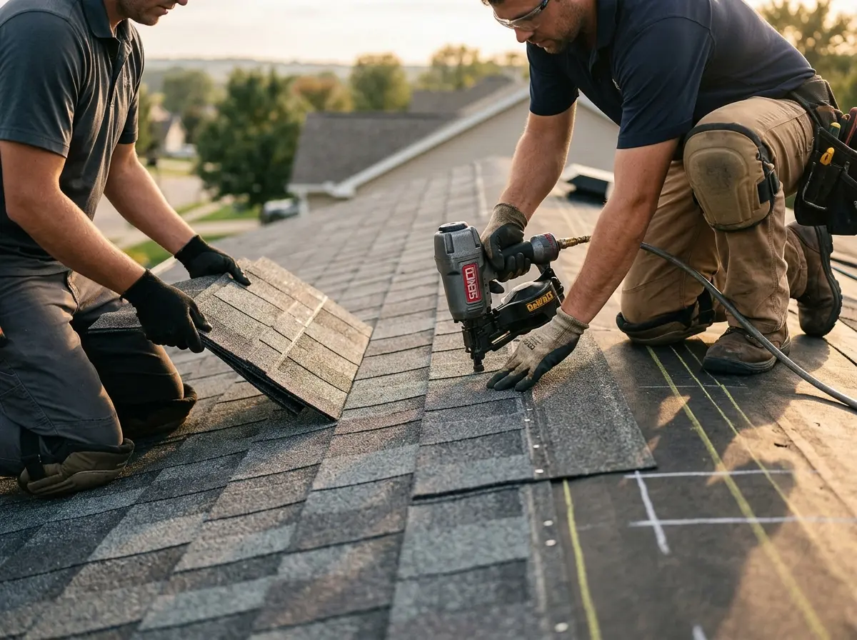 Professional roofer working on a residential roof in Schuylkill